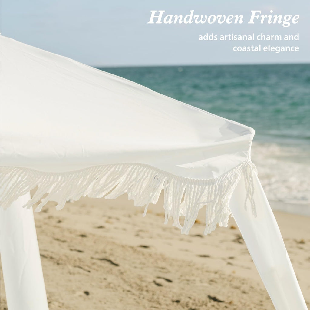 AMMSUN Beach Cabana with Blanket, 7' x 7' Boho Canopy with Tassels, Premium Wood Pole, Fringe Cabana Tent with Sand Pockets, Instant Sun Shade for Sand, Garden, Outdoor, Elegant White