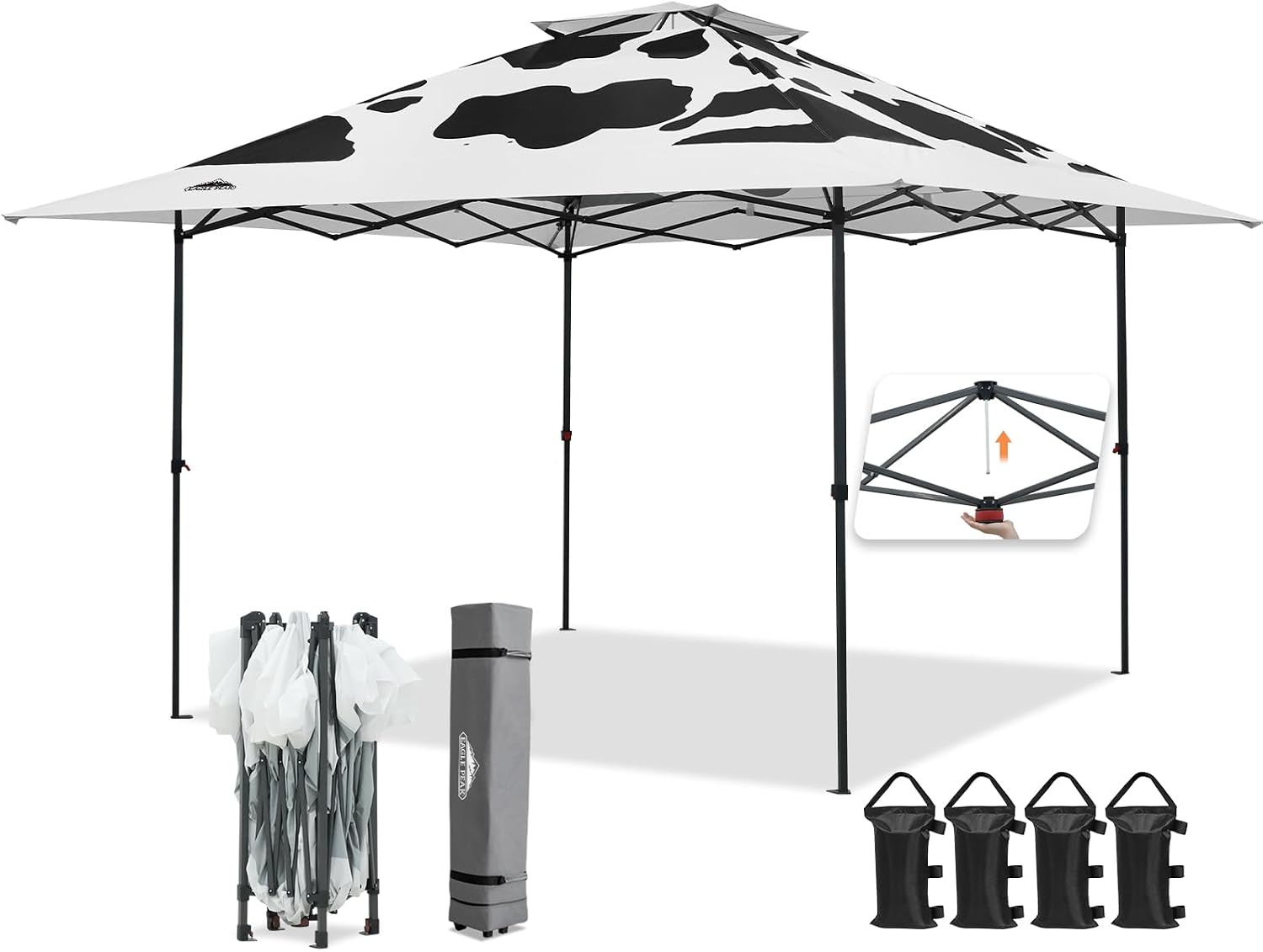 EAGLE PEAK 13x13 Straight Leg Pop Up Canopy Tent Instant Outdoor Canopy Easy Single Person Set up Folding Shelter w/Auto Extending Eaves 169 Square Feet of Shade (Cow Print)