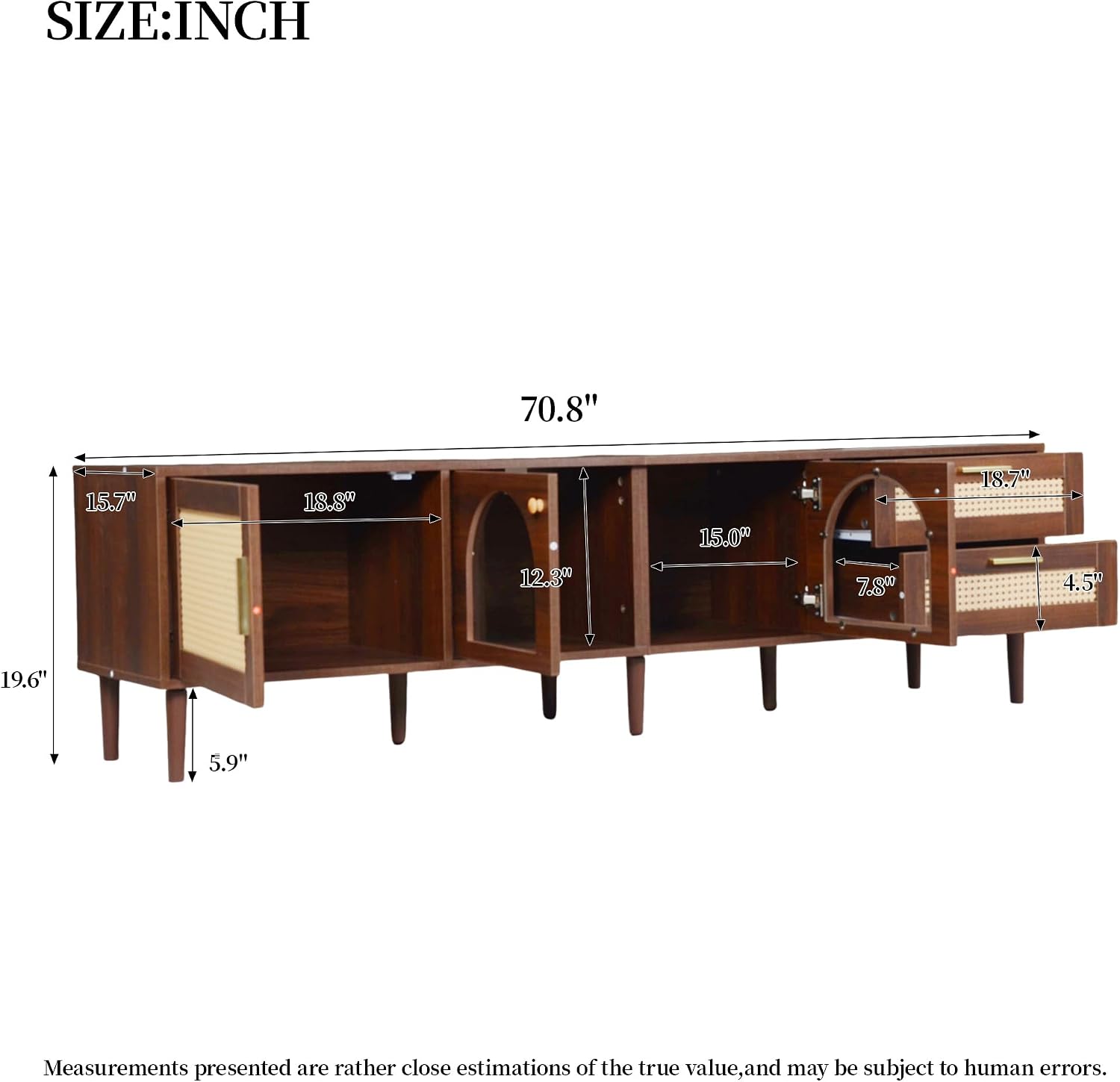 Merax Rattan TV Stand with LED Lights, 70' Entertainment Center with 3 Cabinets & 2 Drawers Media Console Table for TVs Up to 80', Solid Wood Feet, Living Room, Bedroom Furniture