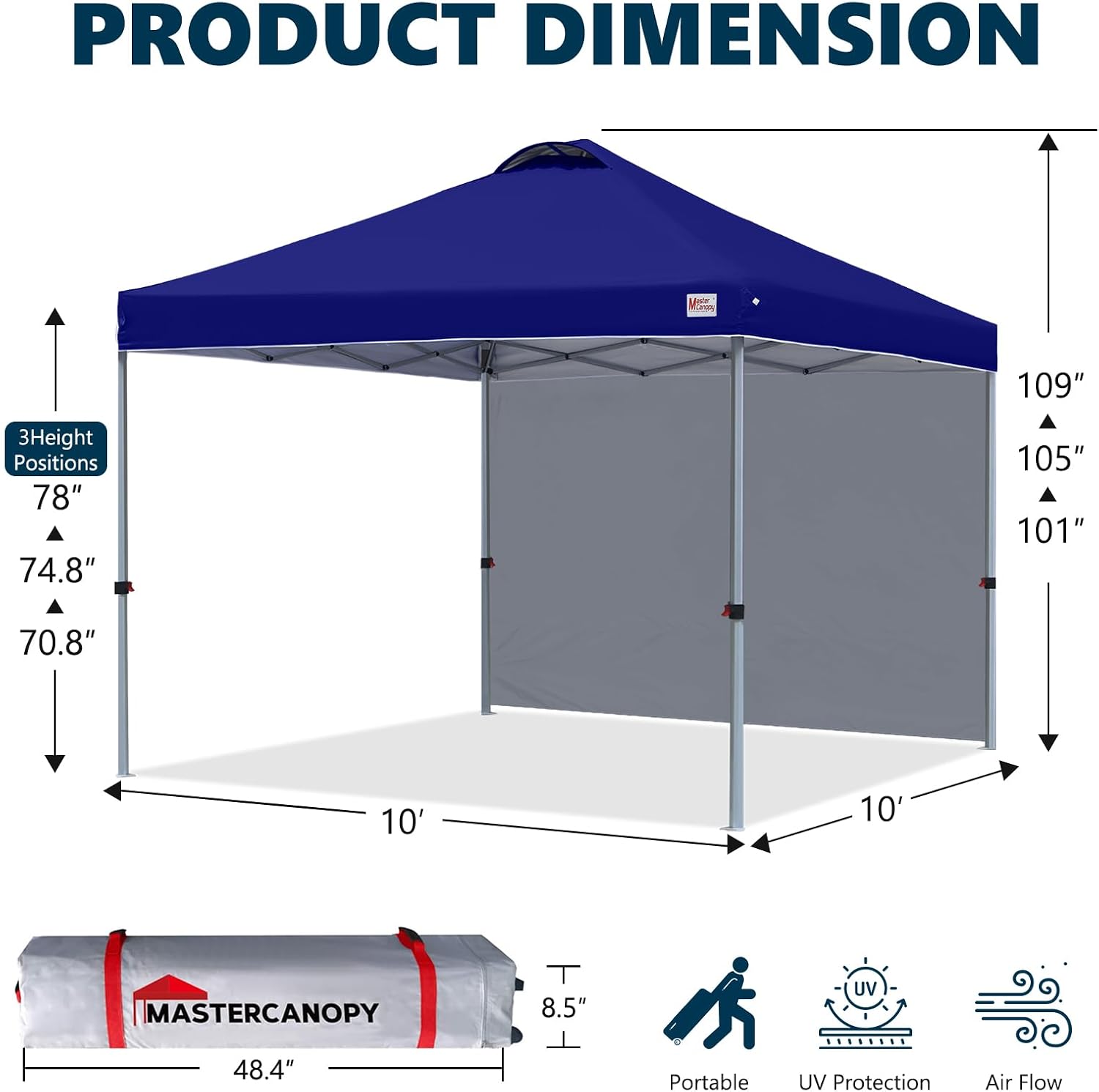 MASTERCANOPY Durable Pop-up Canopy Tent with 1 Sidewall (10'x10',Dark Blue)