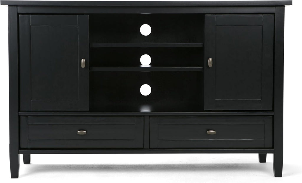 SIMPLIHOME Warm Shaker TV Stand - 47 inch Wide Solid Wood Media Console in Black, Transitional Entertainment Center for TVs up to 50 Inches with 2 Cabinets, 2 Drawers, and Cord Management