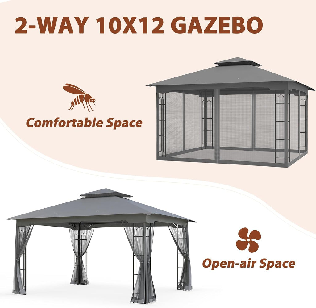 EAGLE PEAK Patio Gazebo with Mesh Netting 13x11 at Top 12x10 Footprint, Soft Top Outdoor Pavilion for Backyard, Deck, Lawn and Garden, Gray