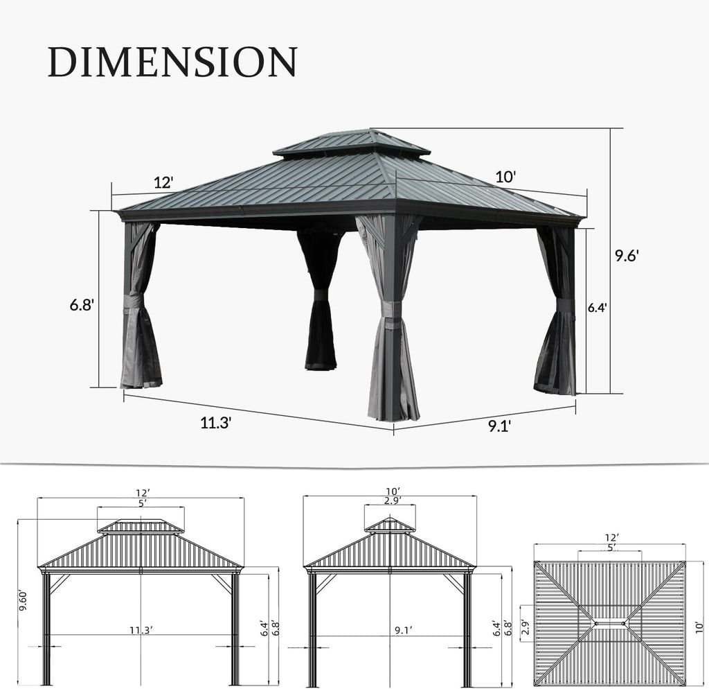 Domi 10x12 Outdoor Gazebo, Hardtop Gazebo with Aluminum Frame, Heavy Duty Pavilion Gazebo for Patio Deck Backyard, Curtain and Netting Included, Grey