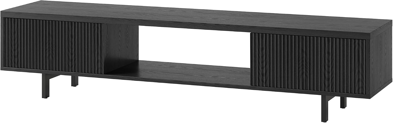 Henn&Hart Fluted TV Stand for TVs up to 78' with 2 Ribbed Side Storage Cabinets and Open Center Storage for Living Room, Family Room, or Office, Natural Black