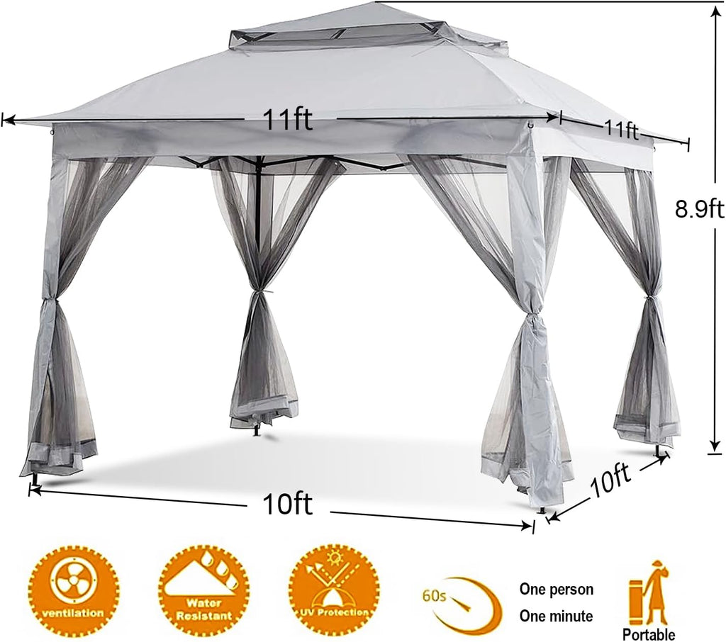 Patio Gazebo Outdoor Pop Up Gazebo with Curtains and Shelter for Patio, Party & Backyard (Grey, 11x11)