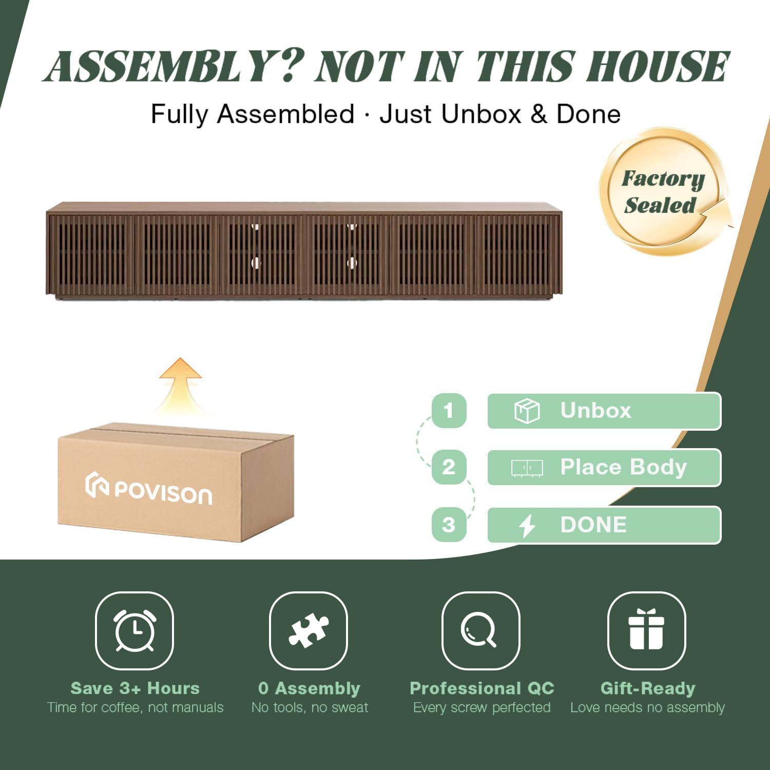 POVISON Full Assembled Mid Century Modern TV Stand, 118' Extra-Large Entertainment Center for 100 inch TV, Wood Slatted TV Media Console with Storage for Living Room Bedroom