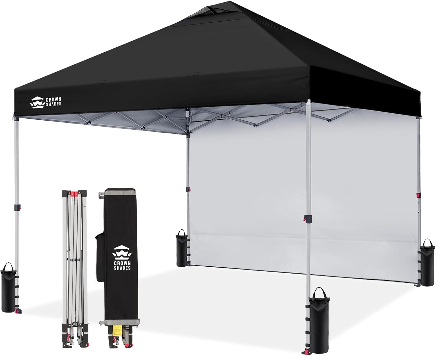 CROWN SHADES 10x10 Pop Up Canopy with 1 Side Wall - Beach Tent with One Push Setup - Outdoor Sun Shade for Events, Parties, Camping - Gazebo with STO-N-Go Cover Bag (Black)