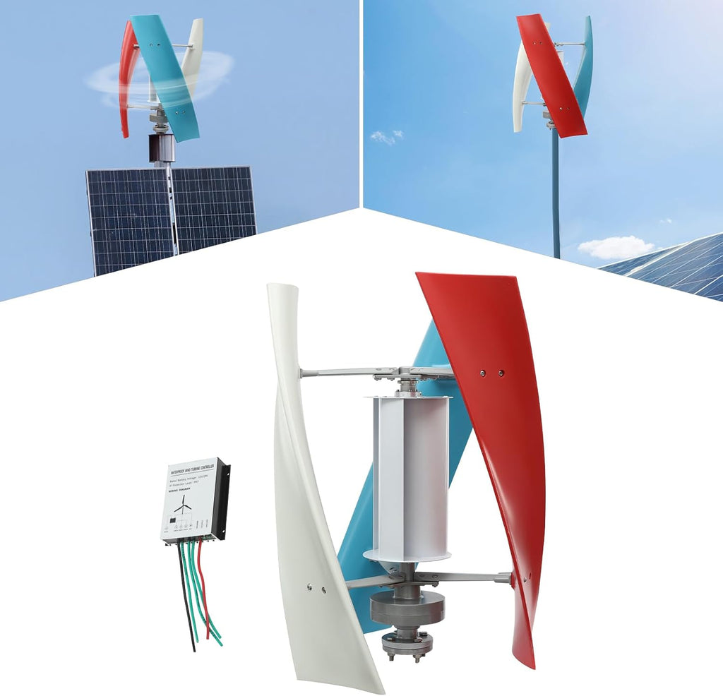 100W Vertical Axis Wind Turbine Generator, Permanent Magnet Generator with Intelligent Controller, Low Noise Helical Design Windmill for Home, Boats, Street Lighting (12V,100W, Blue+White+Red)