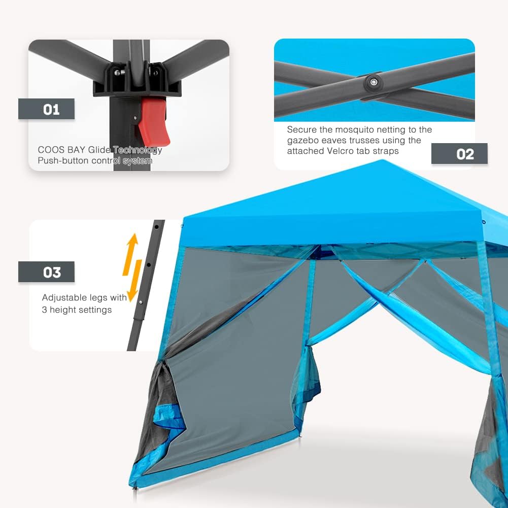 COOS BAY 10x10 Pop Up Canopy Tent with Screen Netting, Slant Leg Canopy with UPF 50+ UV Protection, 64 Sq Ft Shade, One Person Setup with Carry Bag, Light Blue