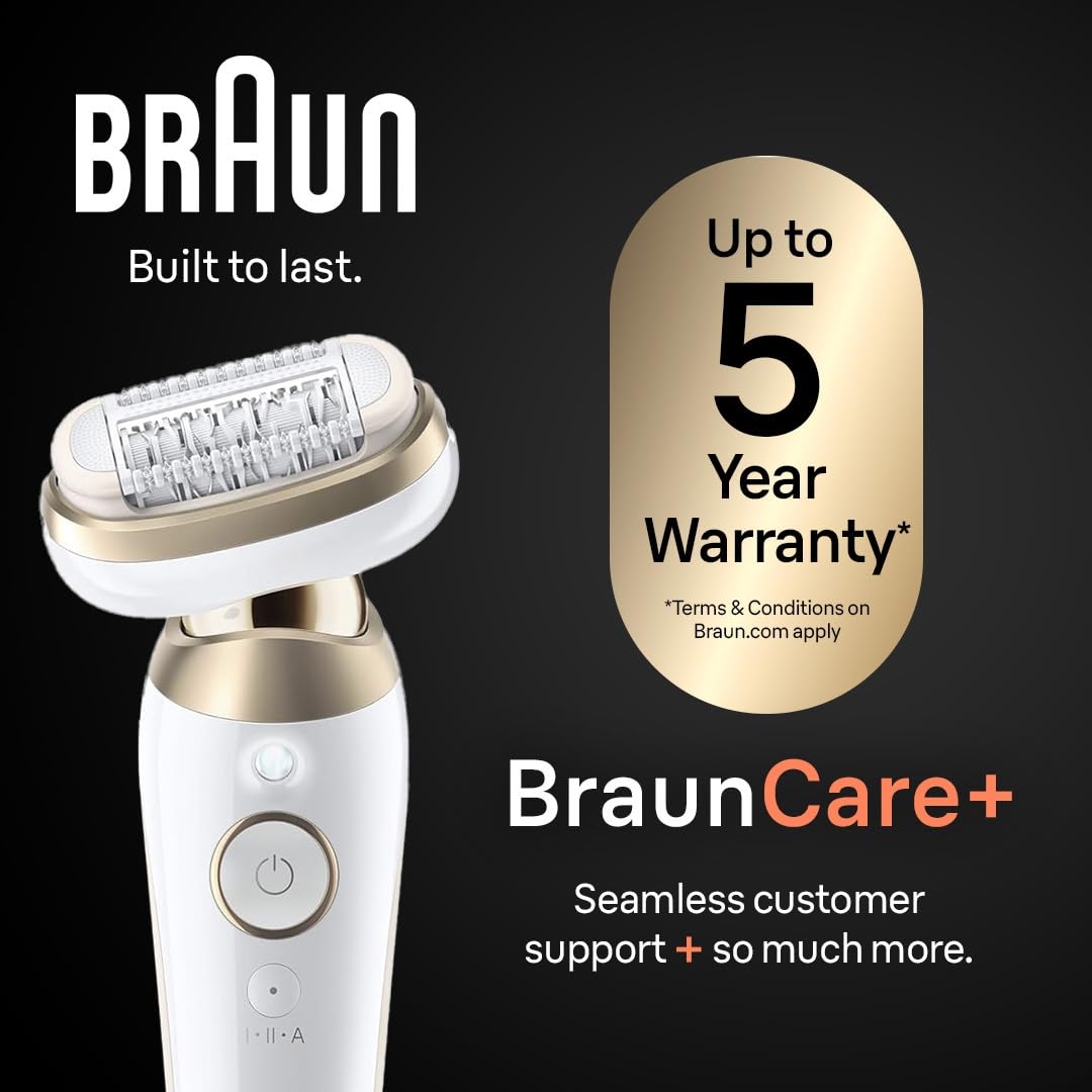 Braun Silk-épil 9 Flex Epilator, 360 Flex and Pivoting Head, Wet and Dry, Includes Shaver Head, Trimmer Comb, SES9-041 3D, Tinted Gold