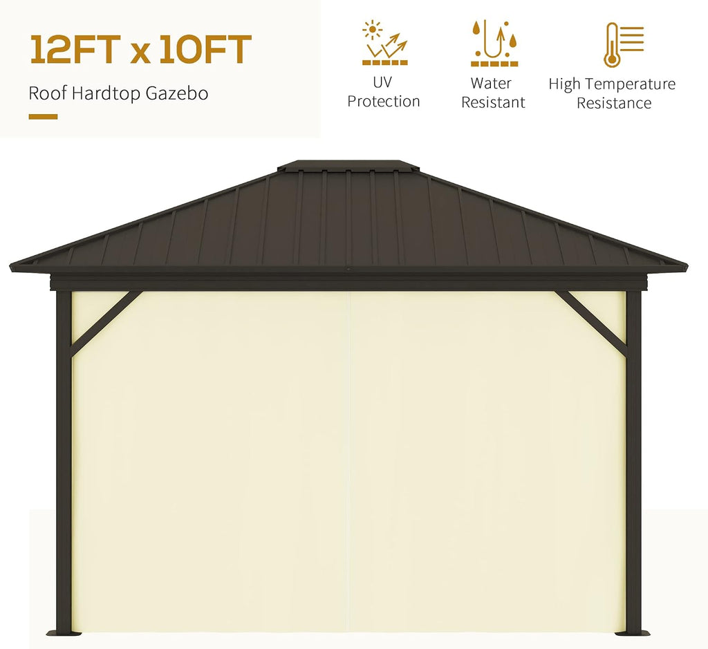 Outsunny 10' x 12' Hardtop Gazebo with Curtains and Netting, Permanent Pavilion Metal Single Roof Gazebo Canopy with Aluminum Frame and Hooks, for Garden, Patio, Backyard, Cream White