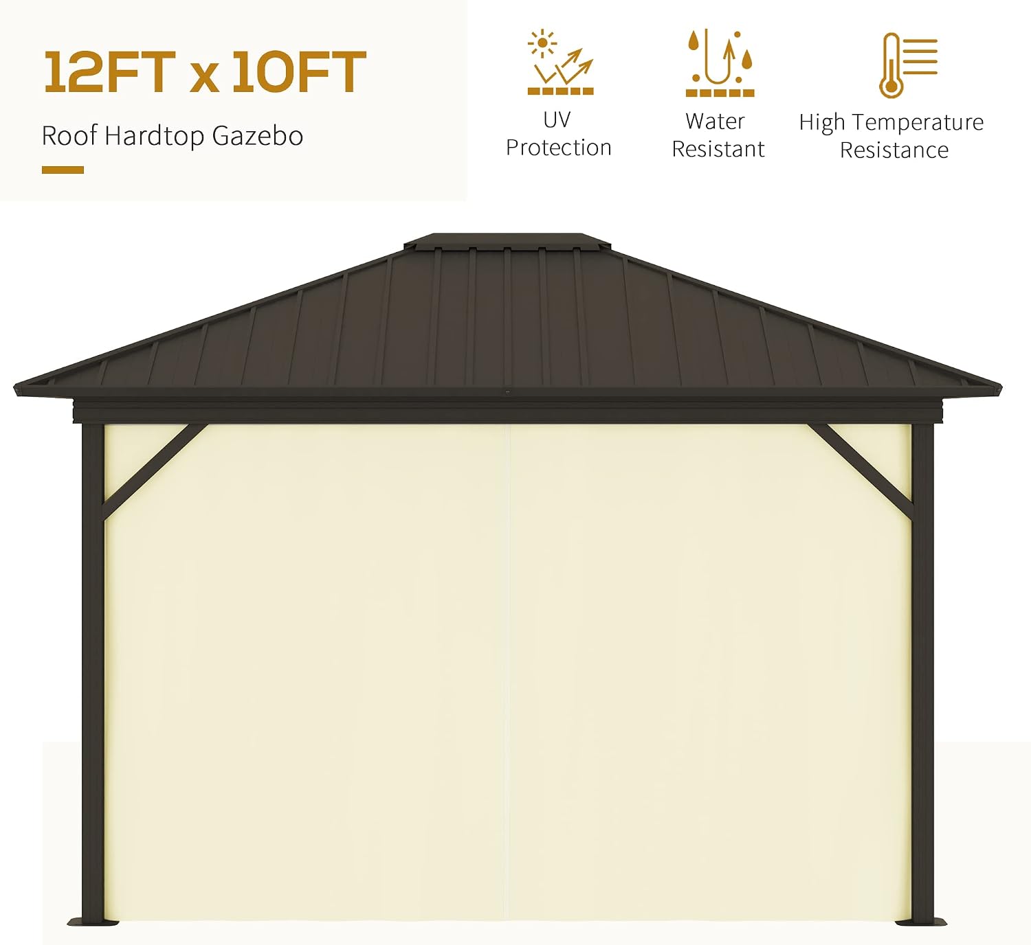 Outsunny 10' x 12' Hardtop Gazebo with Curtains and Netting, Permanent Pavilion Metal Single Roof Gazebo Canopy with Aluminum Frame and Hooks, for Garden, Patio, Backyard, Cream White