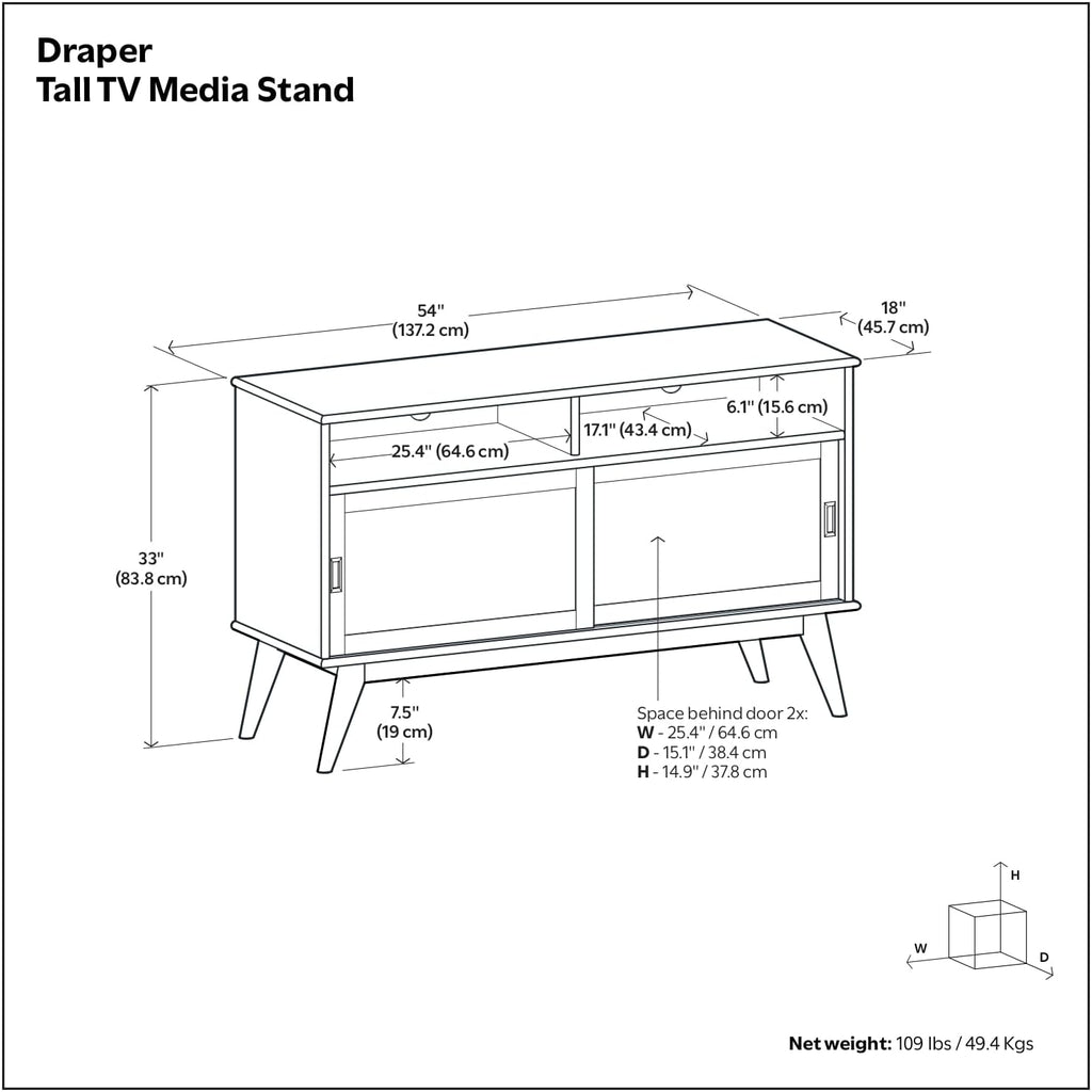 SIMPLIHOME Draper TV Stand - 54 inch Wide Solid Wood Tall Media Console in Teak Brown, Mid Century Modern Entertainment Center for Living Room for TVs up to 60 Inches with Shelves and Cable Management