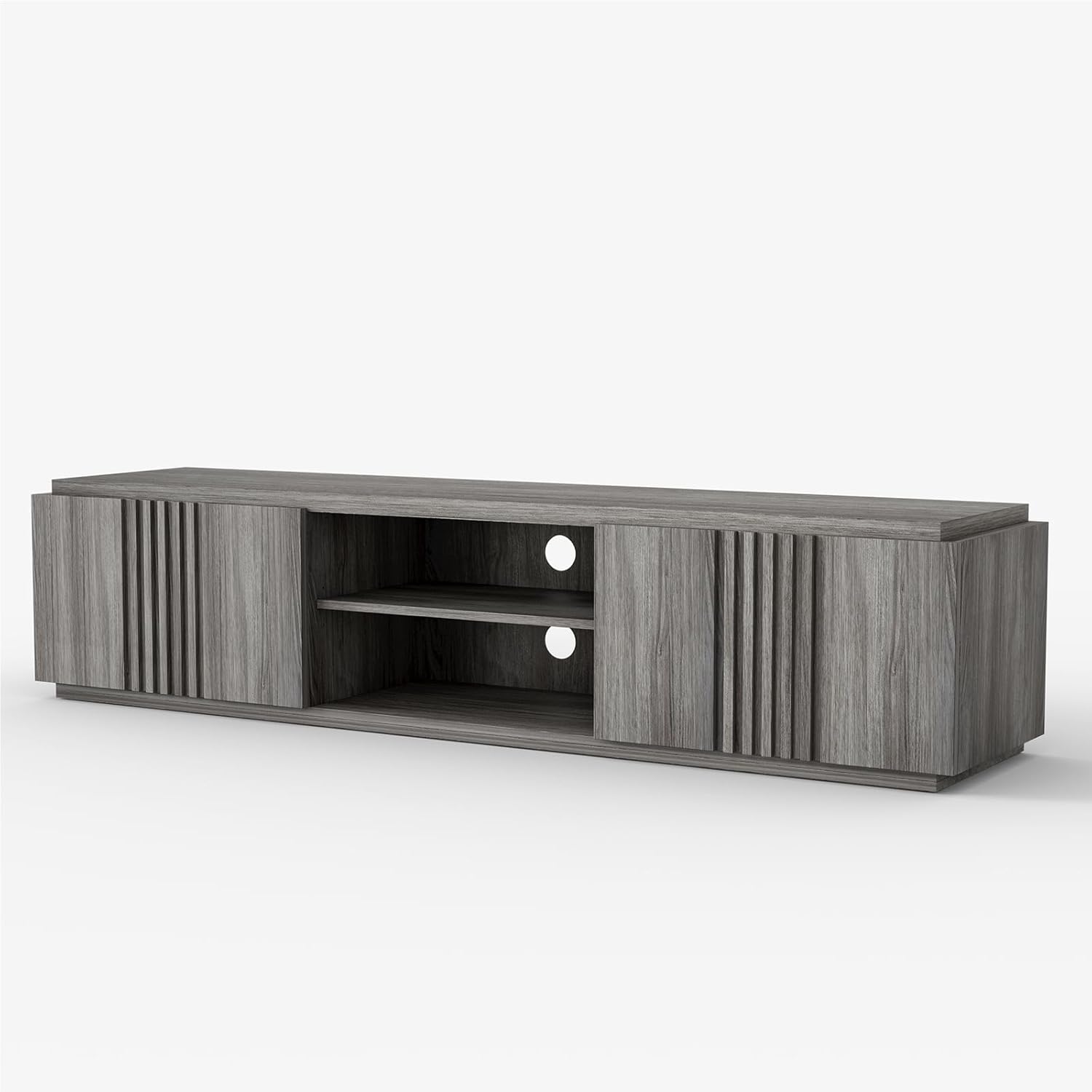 BELLEZE 70' Fluted TV Stand for TVs up to 75', Media Entertainment Center Console Table with Oversize Drawers and 2-Tier Open Shelves, Wood Storage Cabinet for Living Room, 15'D x 70'W x 16'H-(Gray)