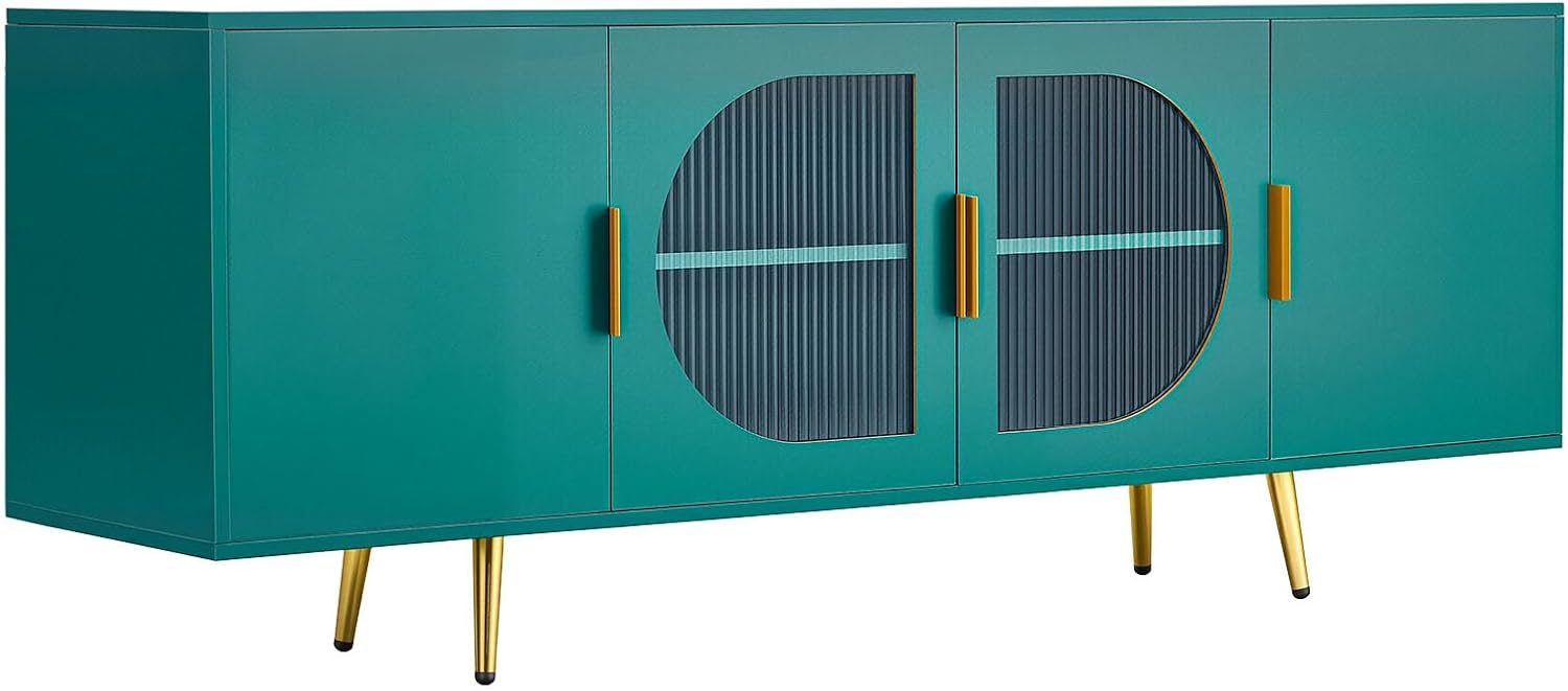 VEVOR TV Stand for TVs up to 75 inch, Modern Entertainment Center with Glass Doors and Gold Legs, TV Storage Cabinet with Adjustable Shelves, Wood Media Console for Living Room and Bedroom, Dark Green