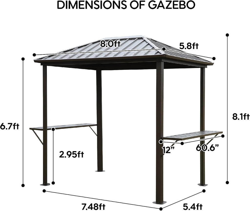 Grill Hardtop Gazebo 6x8 FT Outdoor Metal Hard Top Gazebo, Pent BBQ Gazebo with Galvanized Steel,Aluminum ed Pavilion with Shelves for Patio Backyard Lawn Garden, Patio, Backyard Single Roof