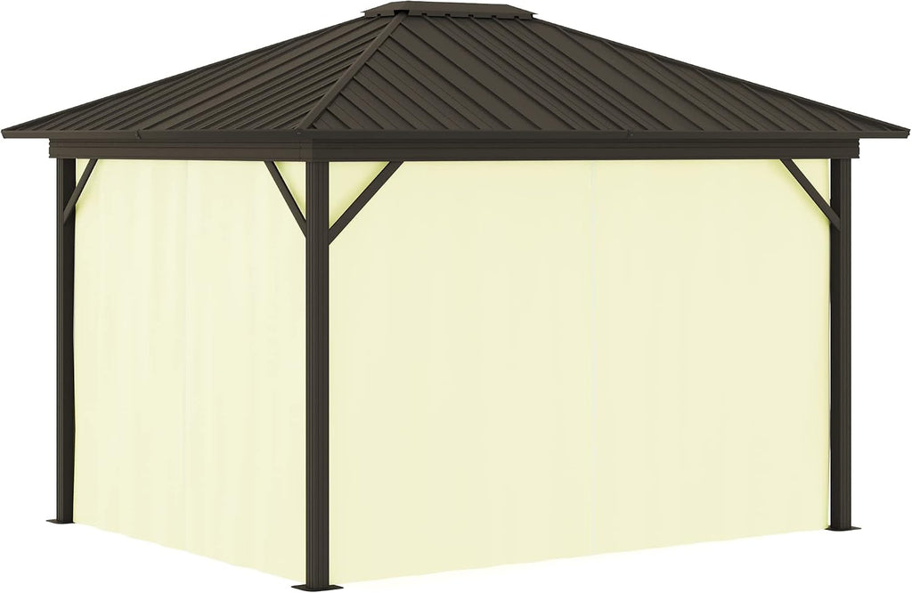 Outsunny 10' x 12' Hardtop Gazebo with Curtains and Netting, Permanent Pavilion Metal Single Roof Gazebo Canopy with Aluminum Frame and Hooks, for Garden, Patio, Backyard, Cream White