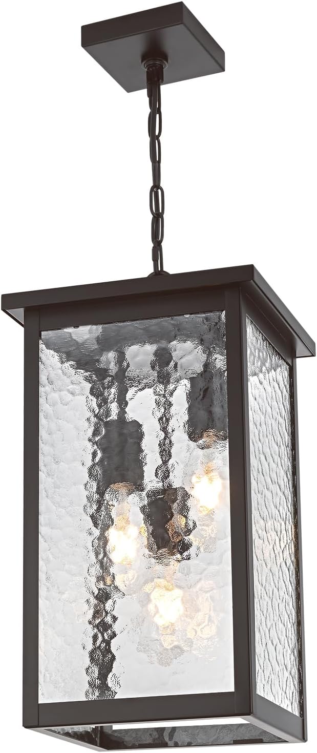 17'' Large Outdoor Indoor Pendant Light 3-Lights, Modern Oil Rubbed Bronze Exterior Hanging Porch Pendant Light with Hammer Glass, Outdoor Ceiling Lights for Front Entryway Gazebo Patio