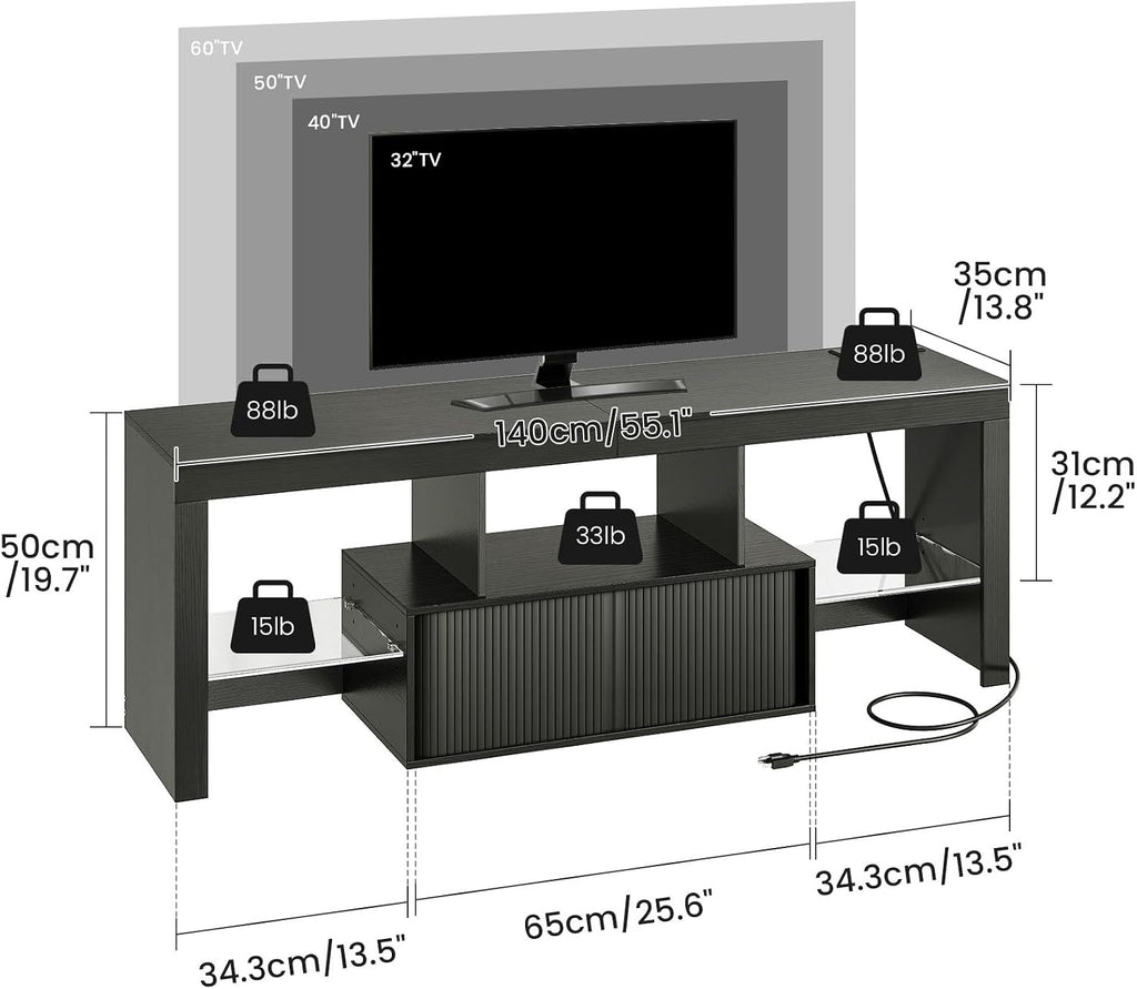 CHOEZON TV Stand with Power Outlet, Modern TV Cabinet for 55 60 inch TVs, Media TV Console with LED Light Strip, Media Entertainment Center with Storage, for Living Room, Bedroom, Black MDS02UDBB