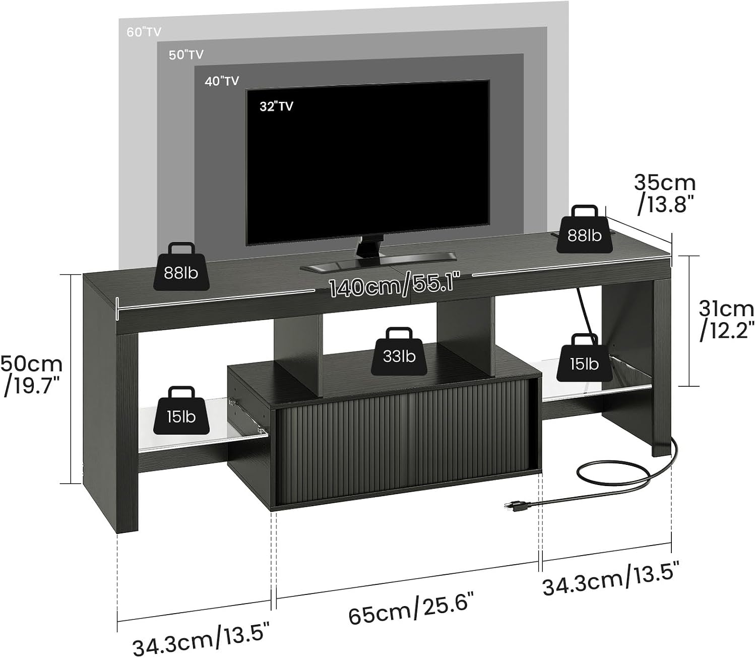 CHOEZON TV Stand with Power Outlet, Modern TV Cabinet for 55 60 inch TVs, Media TV Console with LED Light Strip, Media Entertainment Center with Storage, for Living Room, Bedroom, Black MDS02UDBB