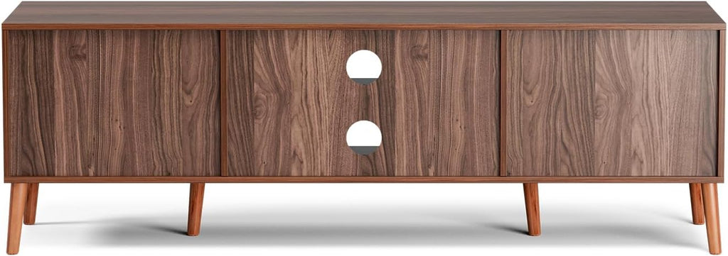 ZttRiee TV Stand for TVs up to 65'', Entertainment Center With Rattan Door, Shelves & 2 Cabinets, Long Boho Media Console for Living Room, Walnut