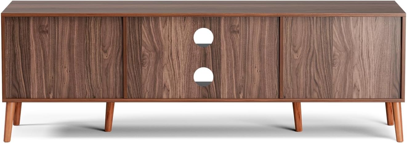 ZttRiee TV Stand for TVs up to 65'', Entertainment Center With Rattan Door, Shelves & 2 Cabinets, Long Boho Media Console for Living Room, Walnut
