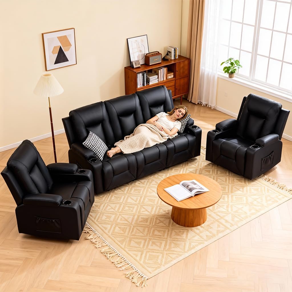 COMHOMA Living Room Furniture Set,Faux Leather Manual Recliner Sofa Sets with Cup Holders,Reclining Couch,Loveseat and Armchair,3+1+1,Black