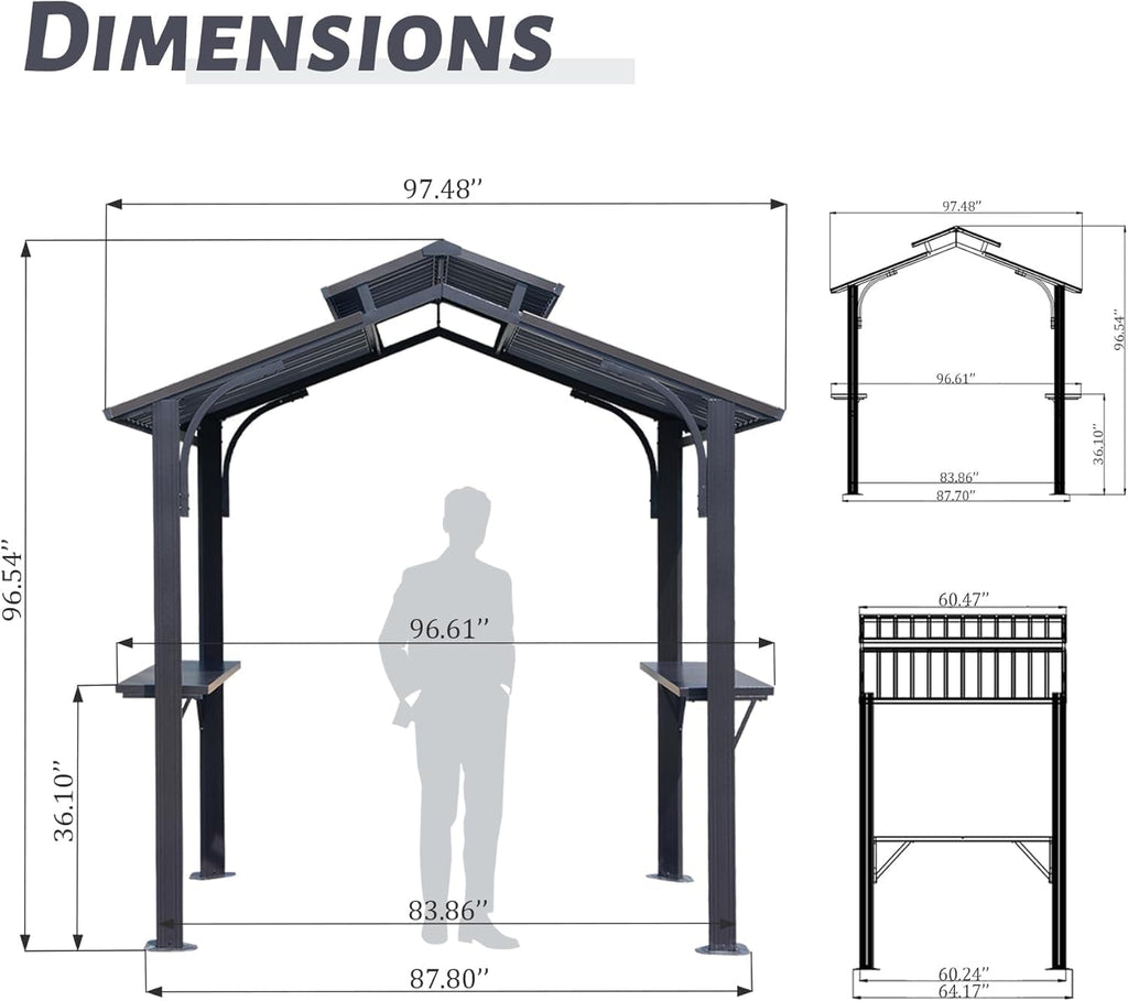 LifeSky 8x5FT Hardtop Grill Gazebo: Galvanized Steel Double Roof BBQ Shelter - Permanent Outdoor Canopy with Side Shelves & Ceiling Hook for Patio Backyard Garden