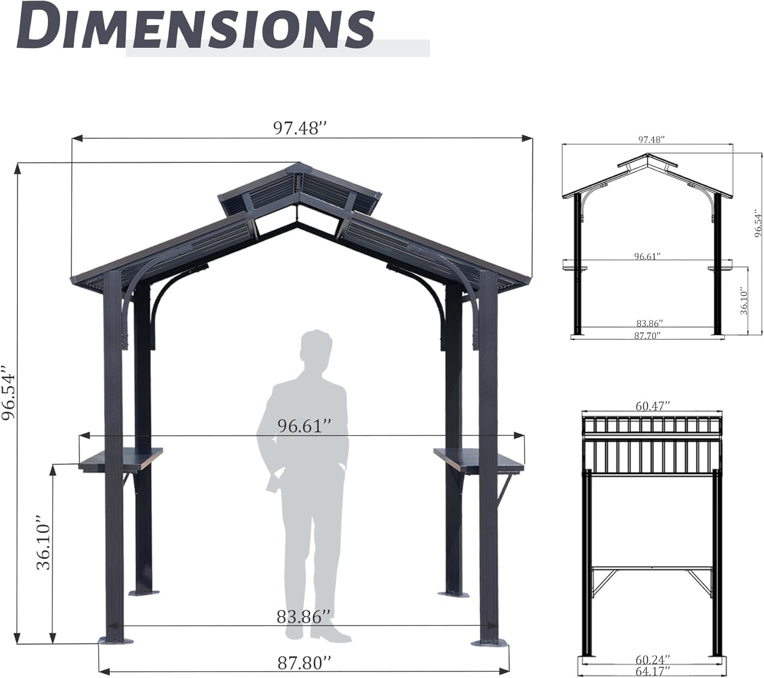 8×5FT Hardtop Grill Gazebo, Outdoor BBQ Gazebo w,Galvanized Steel Double Roof, Permanent Sun Shade Grill Canopy with 2 Side Shelves and Ceiling Hook for Patio Deck Yard G(Grey)