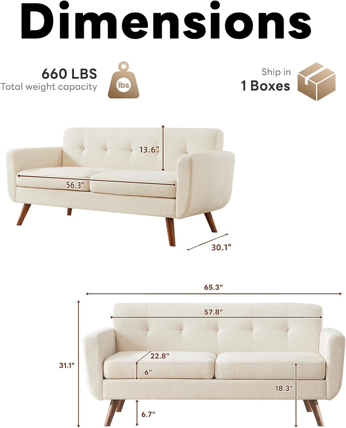Tbfit Loveseat Sofa, 65' W Mid Century Modern Love Seat Couches for Living Room, Button Tufted Upholstered Small Sofa Couch for Bedroom, Beige