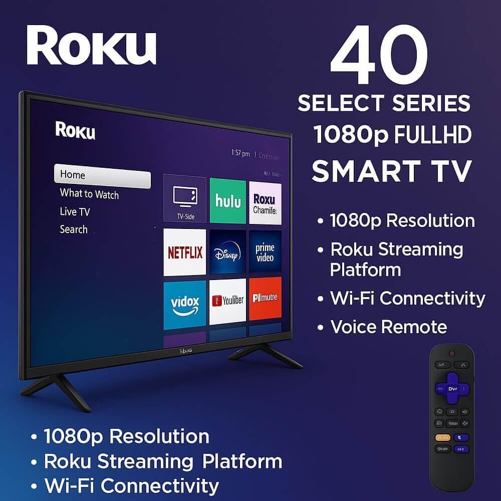 Roku 40R3D5KIT1 40 inch Select Series 1080p Full HD Smart TV 2025 Model with WiFi Streaming Apps HDMI Cable 12 Month C