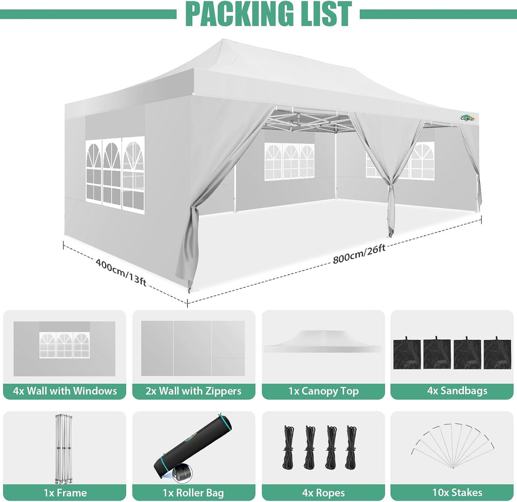 COBIZI 13x26 Pop Up Canopy with 6 Removable Sidewalls Heavy Duty Canopy Party Tents for Parties, Outdoor Wedding Large Event Tent Wind Waterproof UPF 50+ Easy Up in Garden Lawn with Roller Bag, White