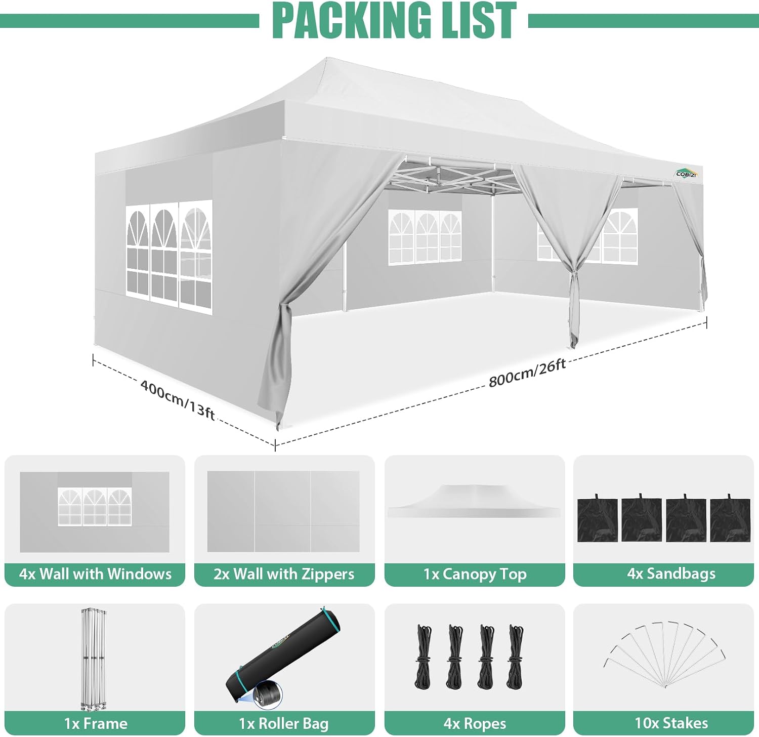 COBIZI 13x26 Pop Up Canopy with 6 Removable Sidewalls Heavy Duty Canopy Party Tents for Parties, Outdoor Wedding Large Event Tent Wind Waterproof UPF 50+ Easy Up in Garden Lawn with Roller Bag, White