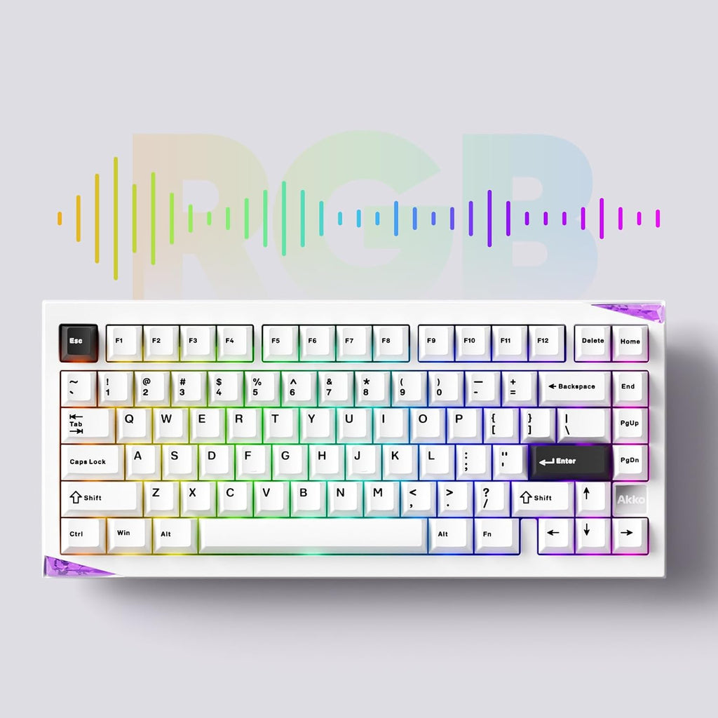 Akko Gem 01 QMK/VIA Aluminum Mechanical Keyboard Tri-Mode RGB Hot-swappable Wireless Gaming Keyboard Black on White, Pre-lubed Stellar Rose Switch
