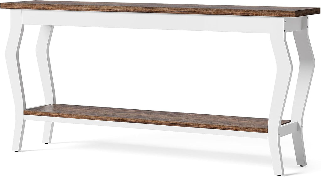 LITTLE TREE 70.9 Inches Long Console Table, 2-Tier Vintage Wooden Sofa Table Behind The Couch with Metal Legs for Hallway, Entryway, Living Room, Brown & White