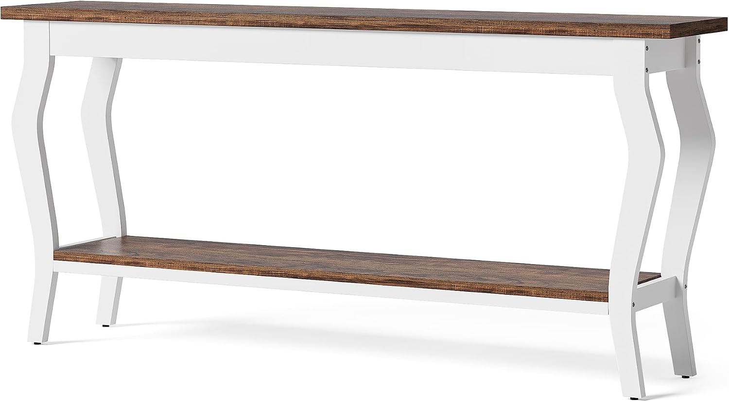 LITTLE TREE 70.9 Inches Long Console Table, 2-Tier Vintage Wooden Sofa Table Behind The Couch with Metal Legs for Hallway, Entryway, Living Room, Brown & White
