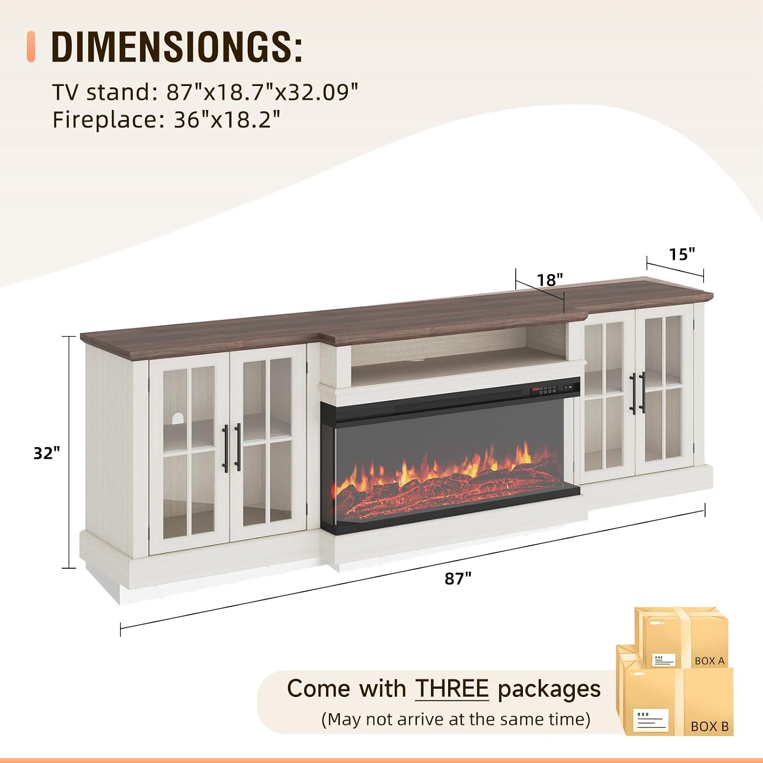 87' Farmhouse TV Stand with 36' Fireplace for TVs up to 90', Media Entertainment Center with Adjustable Shelves and Large Storage Cabinets, for Living Room, White & Black