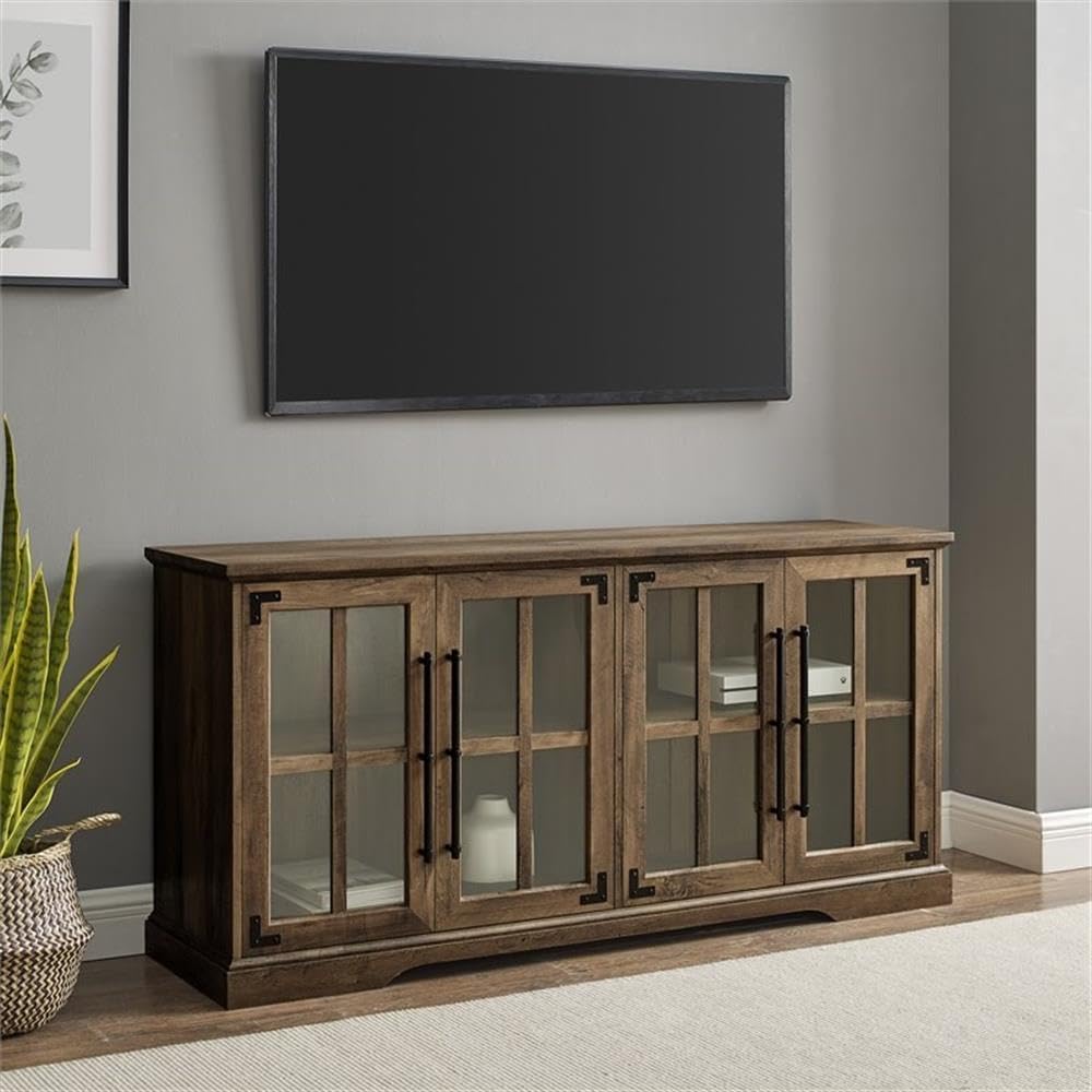 Pemberly Row Farmhouse 4 Door Wood TV Stand, Rustic Oak Finish, Tempered Glass Doors, Adjustable Shelves, Soft Close Hinges, Cord Management, 58'x16'x28', Fits TVs up to 64', Living Room Storage