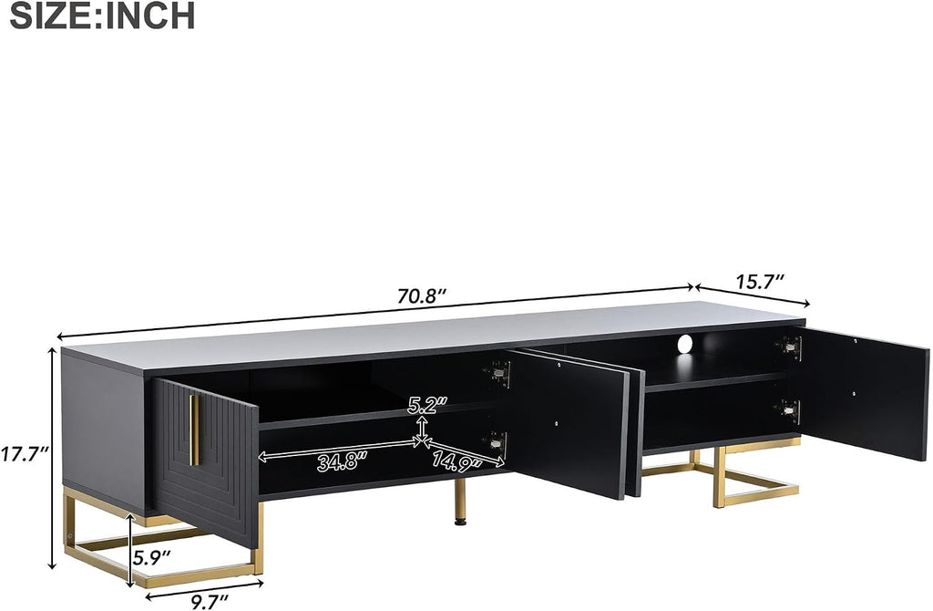 ON-TREND Modern TV Stand with Metal Legs and Gold Handles for TVs Up to 80'', Media Console Table with Cabinets and Adjustable Shelves, Luxury TV Cabinet with Geometric Lines for Living Room, Black
