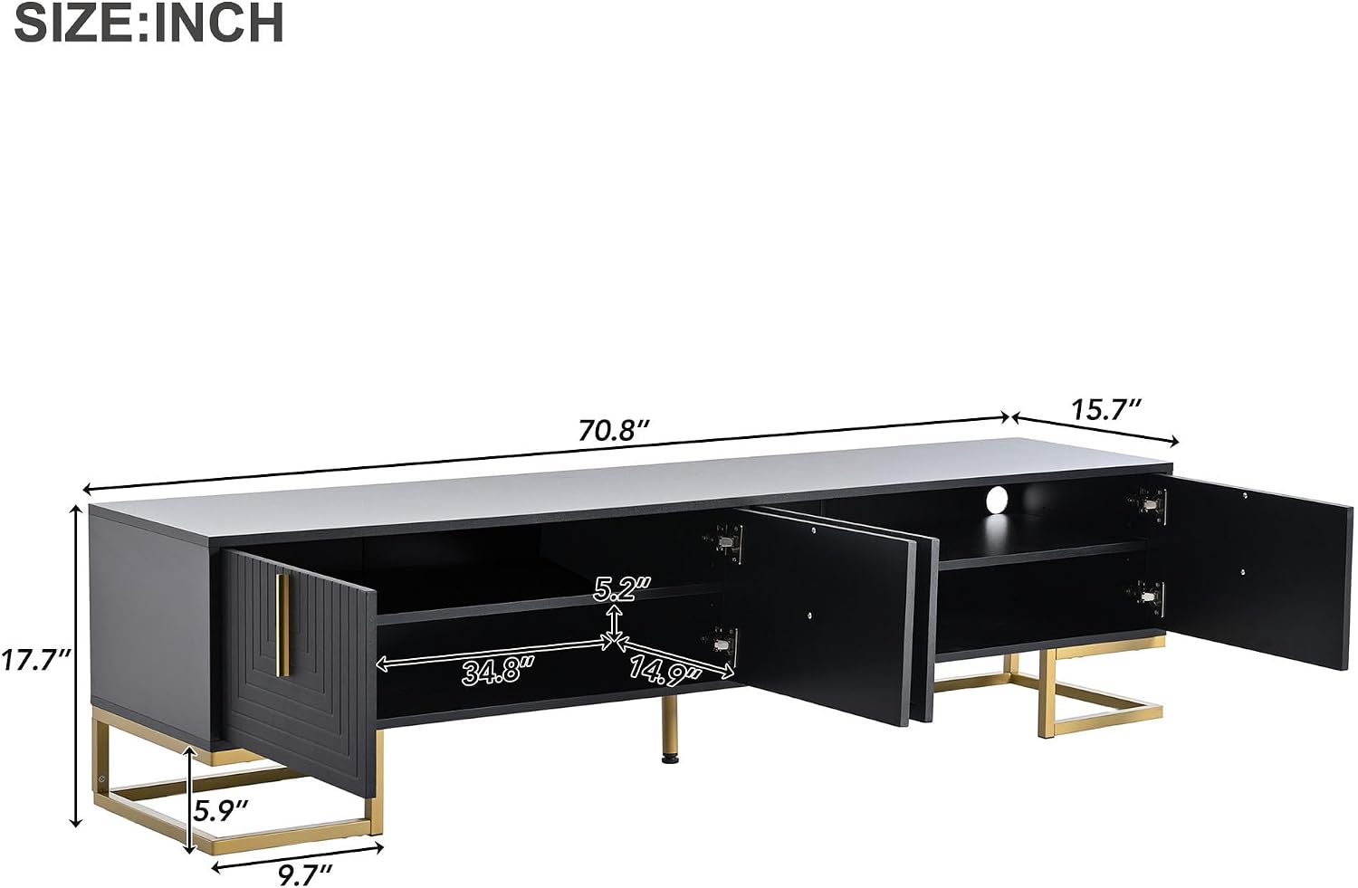ON-TREND Modern TV Stand with Metal Legs and Gold Handles for TVs Up to 80'', Media Console Table with Cabinets and Adjustable Shelves, Luxury TV Cabinet with Geometric Lines for Living Room, Black