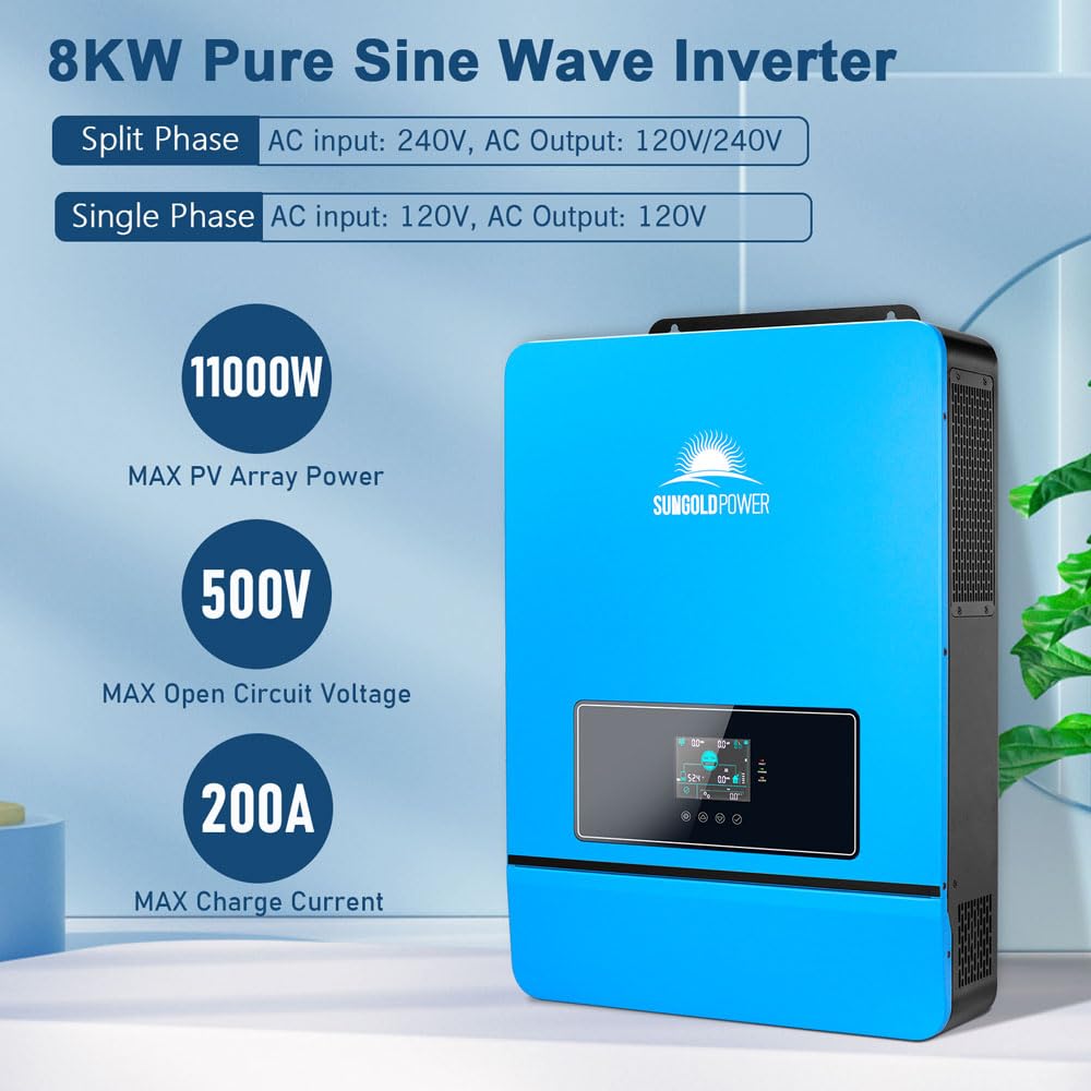 SUNGOLDPOWER UL1741 8000W DC 48V SPH8048P Solar Inverter,Built in 2 MPPT Solar Controllers,120V/240V AC Input/Output (settable),Max. 200A Battery Charging Inverter Charger (8000W DC 48V New)