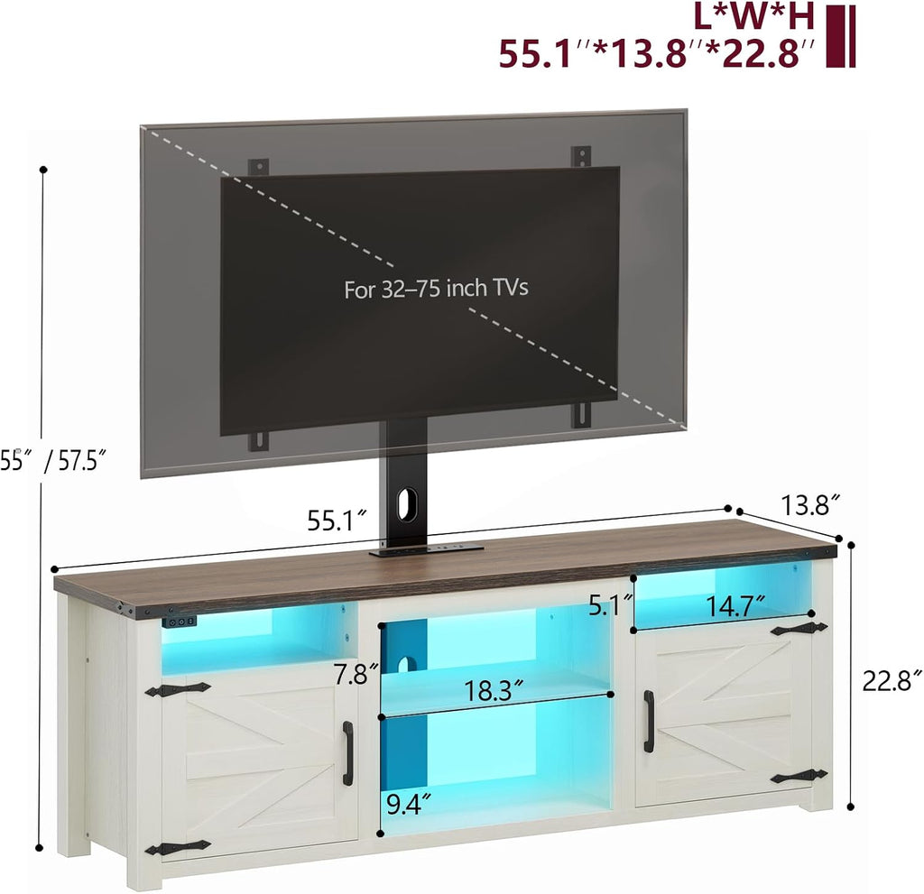 ROCHECASA Farmhouse TV Stand with Mount and Charging Station LED Lights 55', Entertainment Center with Height Adjustable Swivel Mount and Barn Doors Storage Cabinets for TVs Up to 70 inch