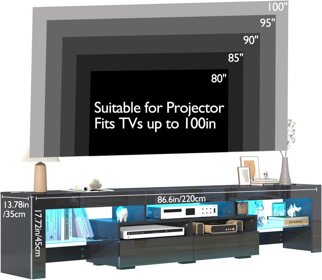 Vinctik 6&Fox 86.6in LED TV Stand for 85/90/95 inch TV,Modern Black TV Stands for Living Room,High Gloss TV Entertainment Center with 2 Large Storage Drawer,APP RGB Light,TV Console