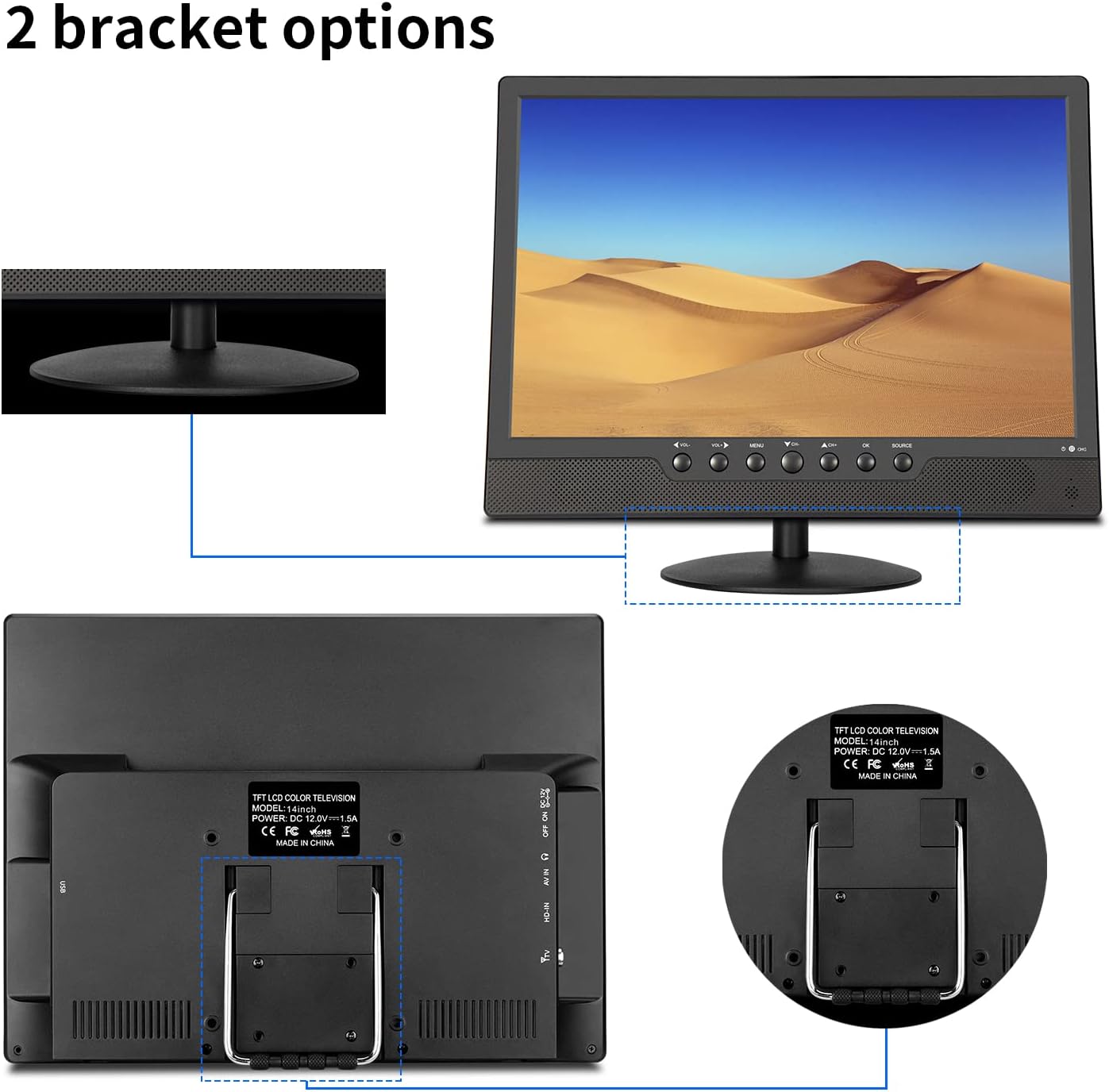 Othoig14'' Portable TV,Small TV with Batterys-HDMI,USB,AV Slot and 1 Antenna,Remote Control,12 Volt car Cable/AC for RV car/Camping/Kitchen