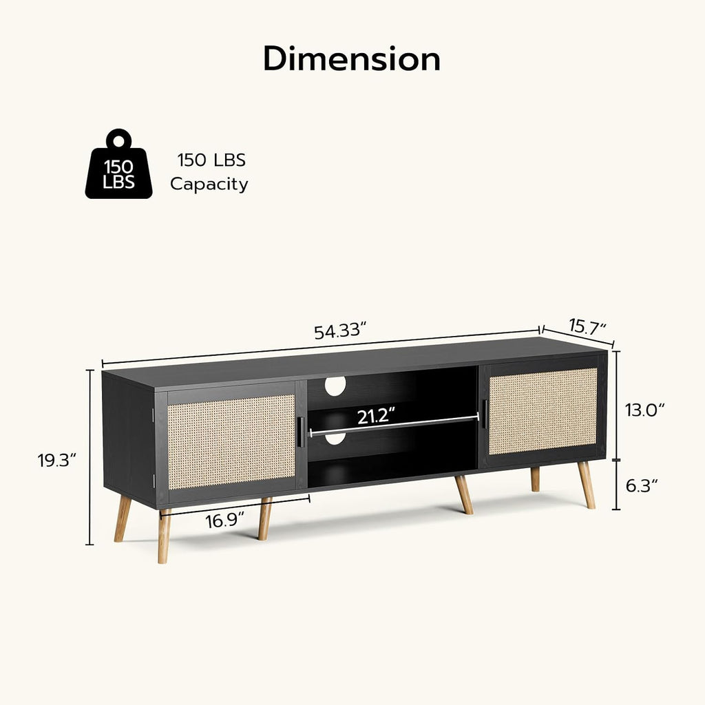 ZttRiee TV Stand for TVs up to 65'', Entertainment Center with Rattan Door, Shelves & 2 Cabinets, Boho Media TV Console for Living Room, Bedroom, Black