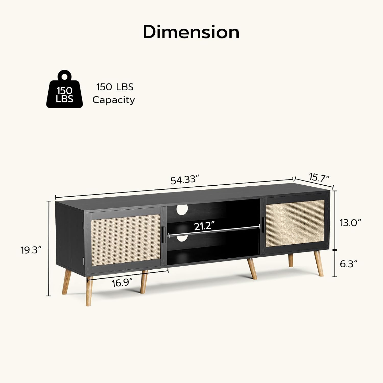 ZttRiee TV Stand for TVs up to 65'', Entertainment Center with Rattan Door, Shelves & 2 Cabinets, Boho Media TV Console for Living Room, Bedroom, Black