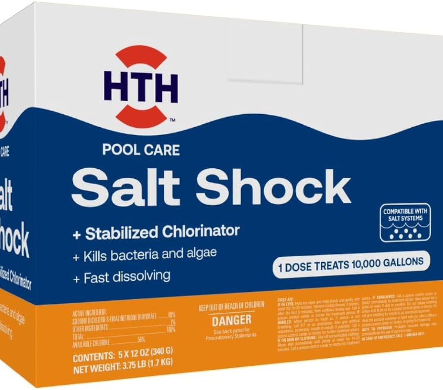 HTH 52047 Swimming Pool Care Salt Shock, Stabilized Chlorinator, 1 dose Treats 10000 gallons, 5x12oz Packets (Pack of 6)