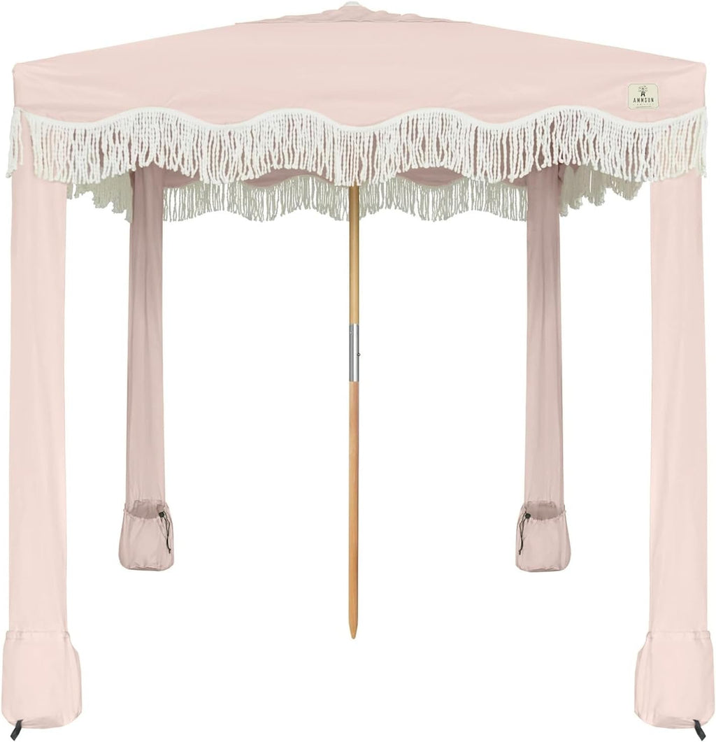 AMMSUN Beach Cabana with Fringe, 7' x 7' Boho Beach Canopy with Tassels, Easy Set up & Premium Wood Pole, Cabana Tent with Sand Pockets, Instant Sun Shade for Sand, Garden, Patio, Pink Coral