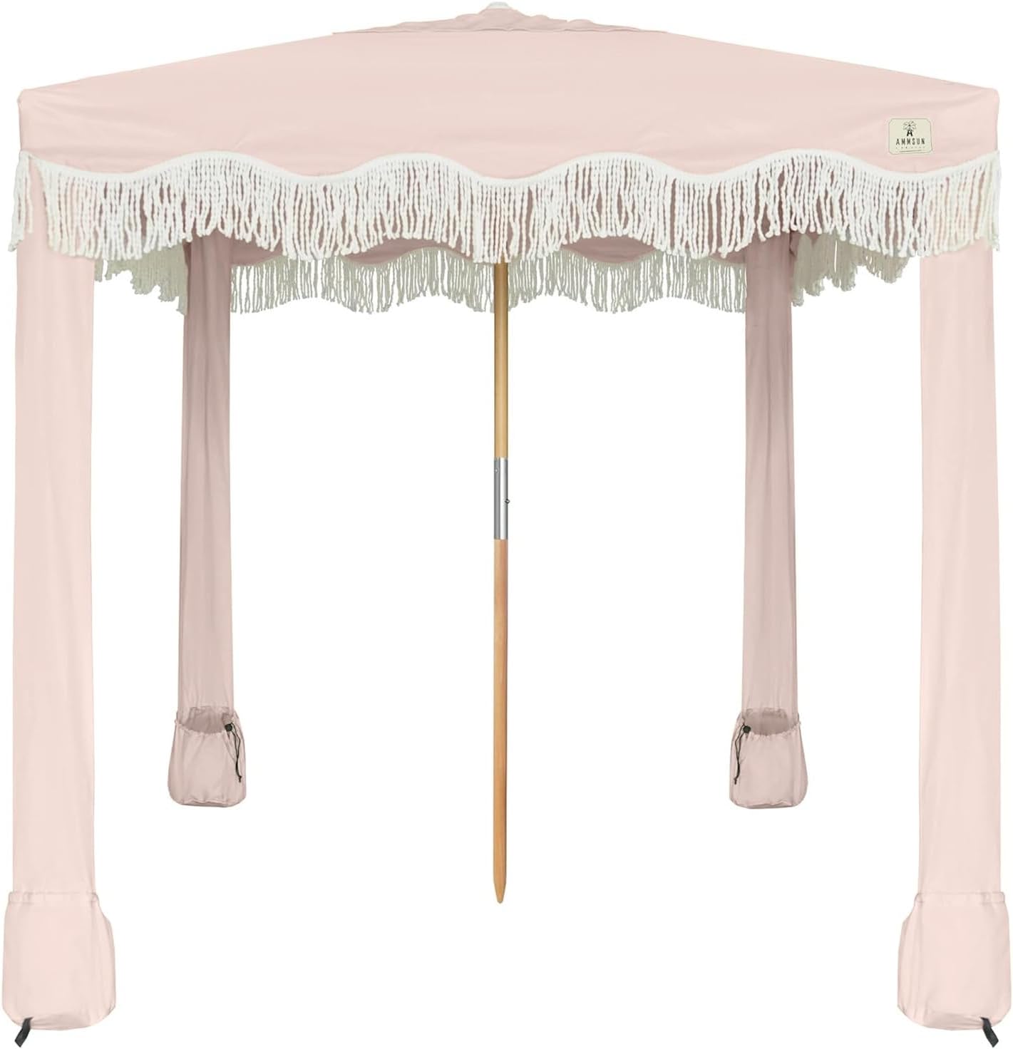 AMMSUN Beach Cabana with Fringe, 7' x 7' Boho Beach Canopy with Tassels, Easy Set up & Premium Wood Pole, Cabana Tent with Sand Pockets, Instant Sun Shade for Sand, Garden, Patio, Pink Coral