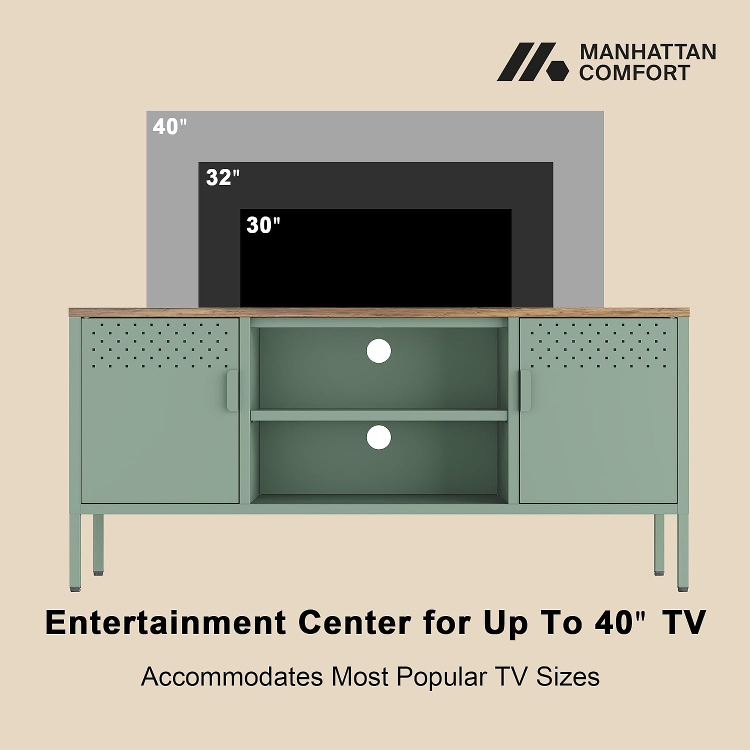 Manhattan Comfort Landen 47' Modern Metal TV Stand with Storage Cabinets & Open Shelves, Holds Up to 40' Screen, TV Console with Natural Wood Top, Cable Management, Adjustable Legs, Green